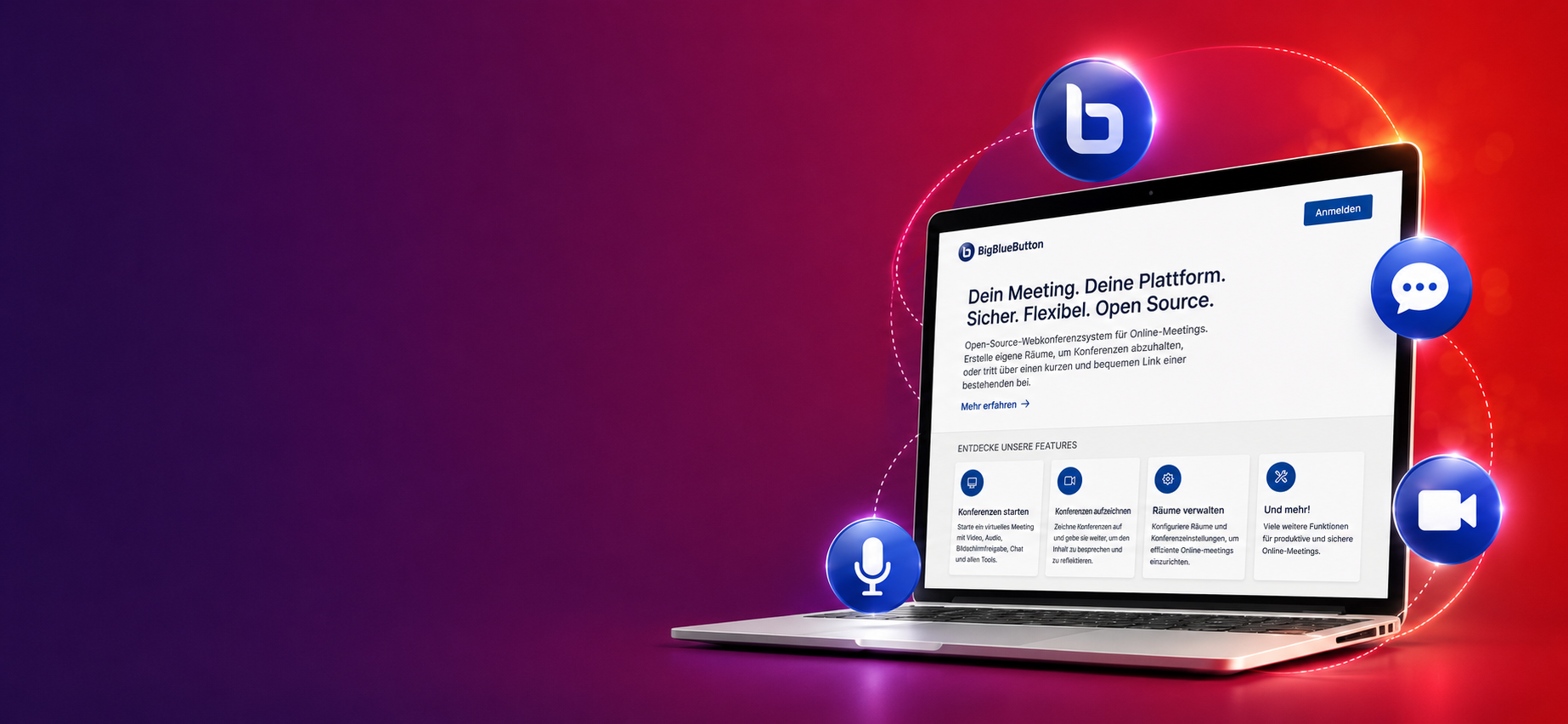 Laptop mit BigBlueButton-Oberfläche vor violett-rot verlaufendem Hintergrund, umgeben von schwebenden Symbolen für Mikrofon, Chat und Video.