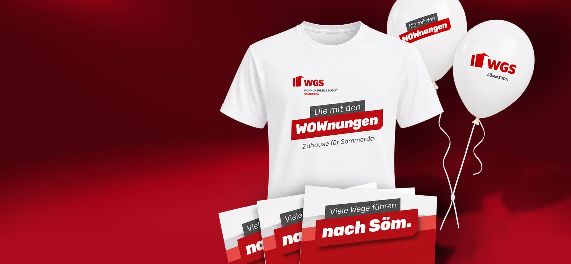 WGS-Werbemittel zum 1150-jährigen Stadtjubiläum von Sömmerda mit T-Shirt, Luftballons und Postkarten im einheitlichen Corporate Design.