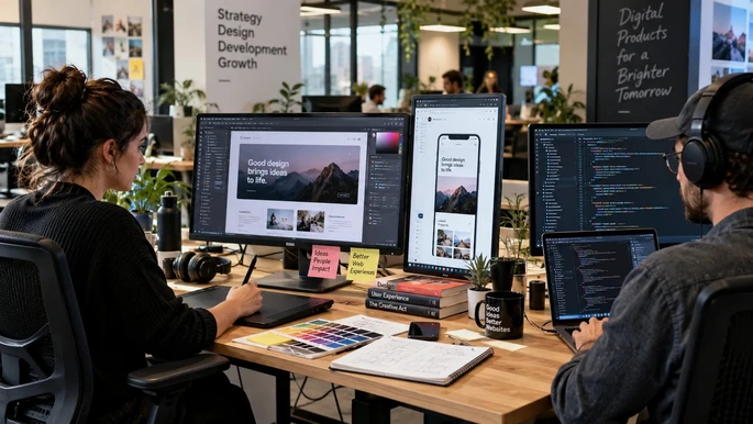 Webdesignerin und Entwickler arbeiten gemeinsam an Website, UX-Design und Programmierung.