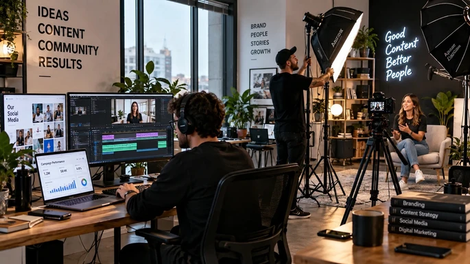 Team einer Digitalagentur bei einer Präsentation zu Webdesign, Marketing und digitaler Strategie.