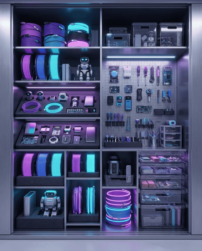 Offener Technik-Schrank mit ordentlich sortierten Kabelrollen in Lila/Türkis, Werkzeug an Lochwand, Elektronik-Bauteilen, kleinen Robotern und beschrifteten Schubladen, beleuchtet mit LED-Licht.