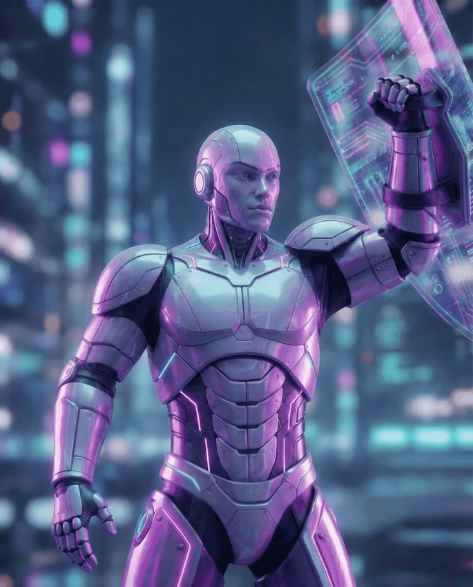 Humanoider Roboter in silber-violetter Rüstung bedient ein transparentes, leuchtendes Hologramm-Display vor unscharfem, futuristischem Stadt-Hintergrund.