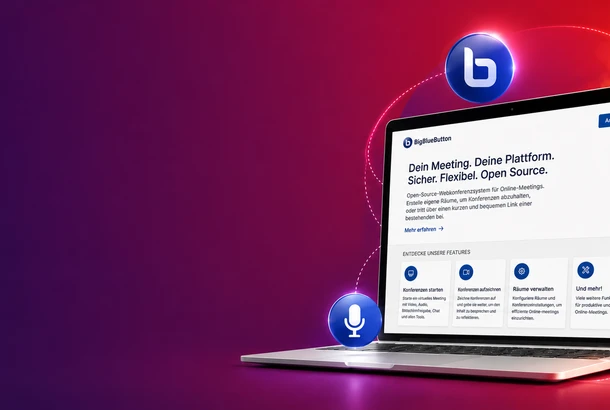 Laptop mit BigBlueButton-Oberfläche vor violett-rot verlaufendem Hintergrund, umgeben von schwebenden Symbolen für Mikrofon, Chat und Video