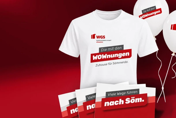 WGS-Werbemittel zum 1150-jährigen Stadtjubiläum von Sömmerda mit T-Shirt, Luftballons und Postkarten im einheitlichen Corporate Design.