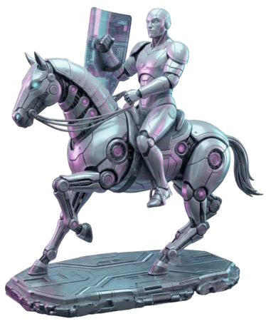 Silber-violetter Android reitet ein mechanisches Pferd und hält ein transparentes, leuchtendes Hologramm-Display; freigestellt vor schwarzem Hintergrund.