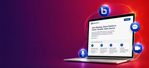Laptop mit BigBlueButton-Oberfläche vor violett-rot verlaufendem Hintergrund, umgeben von schwebenden Symbolen für Mikrofon, Chat und Video