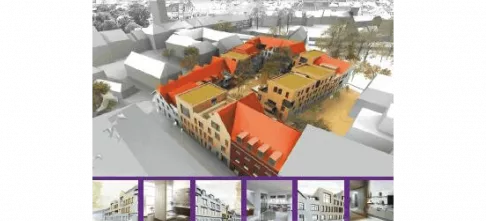 Werbebanner der Schottenhöfe mit 3D Visualisierung der Gebäude
