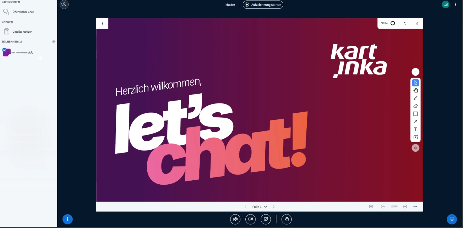 BigBlueButton-Konferenzoberfläche mit Teilnehmerbereich, Chat, Präsentation und Bedienelementen im kartinka-Design.
