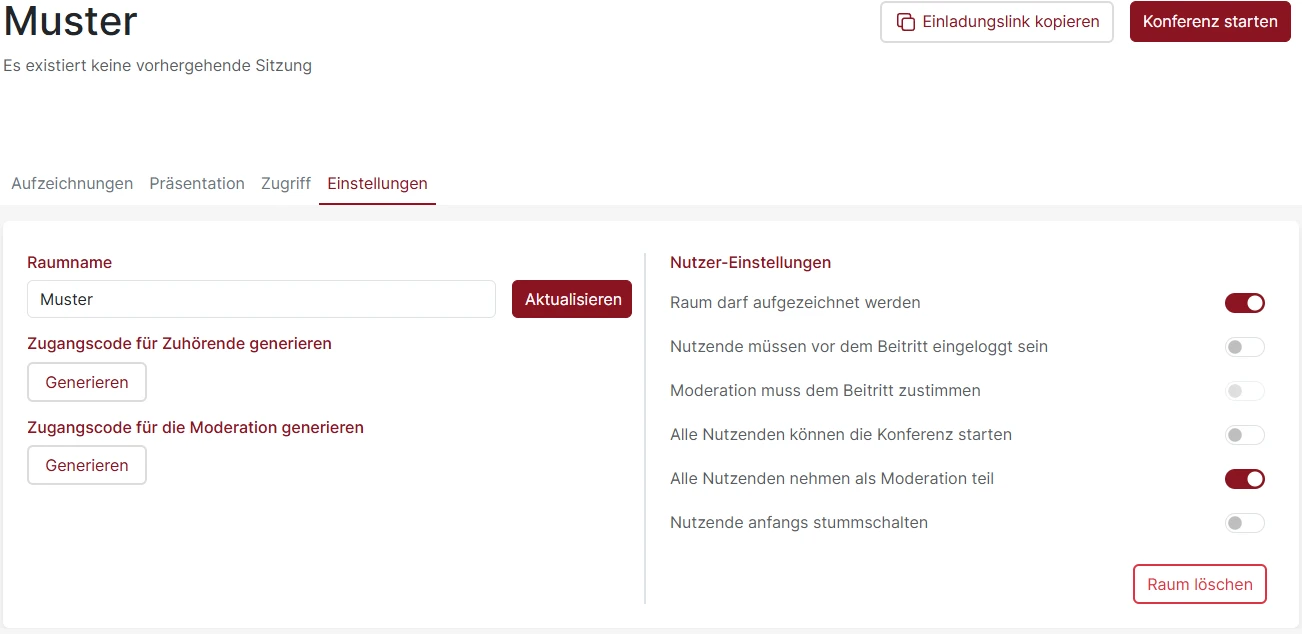 BigBlueButton-Raumeinstellungen für Aufzeichnungen, Anmeldung, Moderation und Zugriffsrechte.