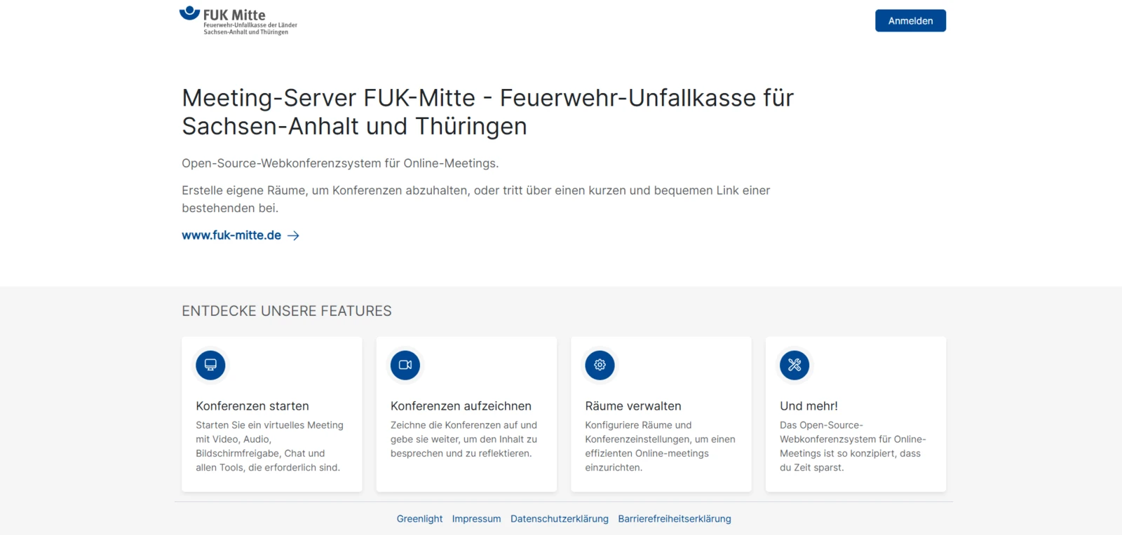 Individuell angepasste BigBlueButton-Meetingplattform der Feuerwehr-Unfallkasse Mitte mit FUK-Mitte-Logo, Meeting-Server und Funktionen zum Starten, Aufzeichnen und Verwalten von Konferenzen.