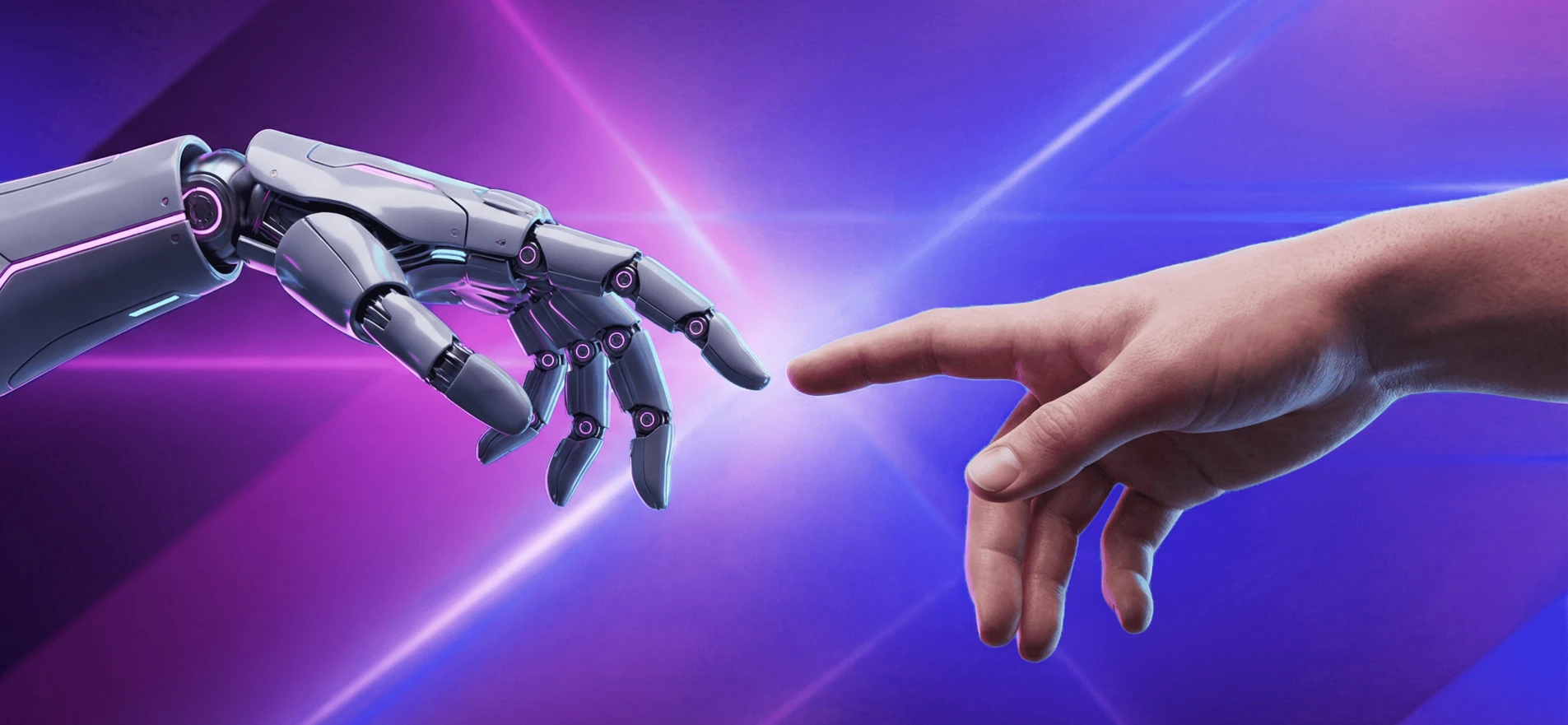 Roboterhand und menschliche Hand vor violett-blauem Licht – Sinnbild für Mensch‑KI‑Interaktion